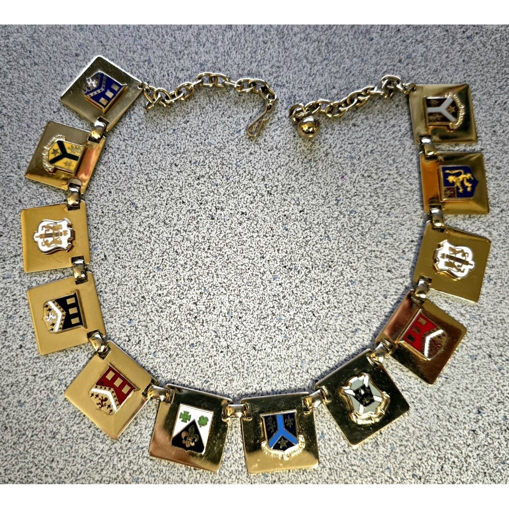 1950's Herald Coat of Armor Enamel Crest Necklace Choker Panel Necklace Goldtone